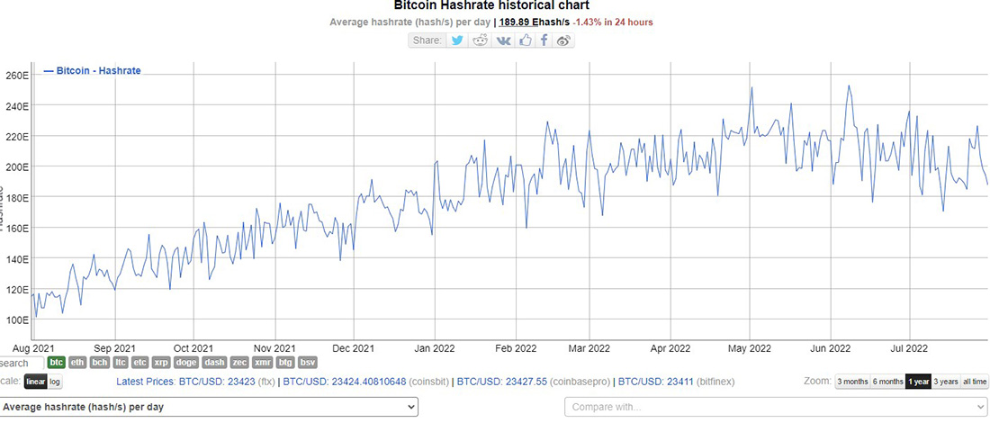 Biểu đồ Bitcoin Hashrate trong 1 năm qua.